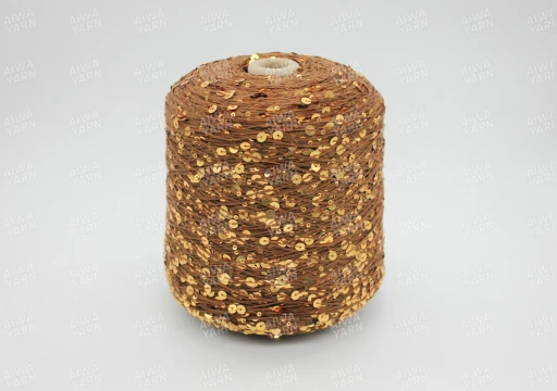 Бобинная пряжа Пайетка на хлопке  3/6 мм, 300м/100 гр, 076 коричневый/золото